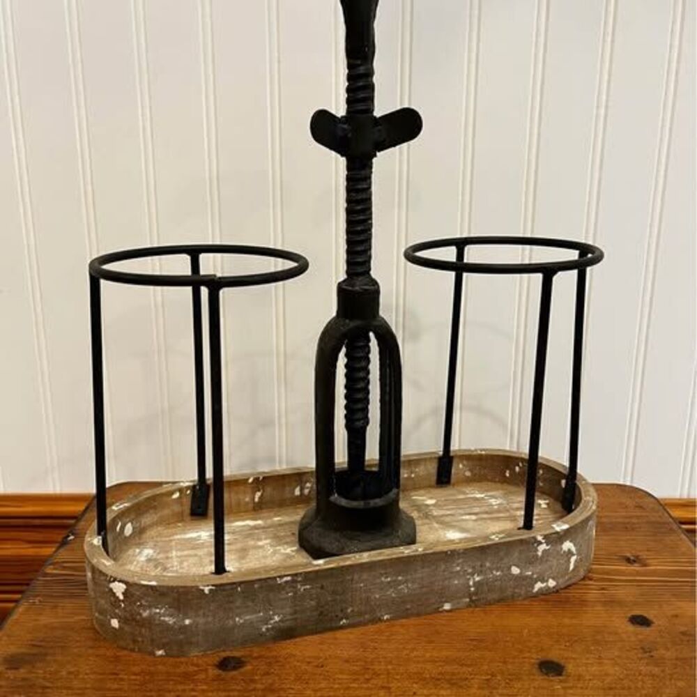 Rustic Cast Iron and Wood Wine Bottle Holder Caddy